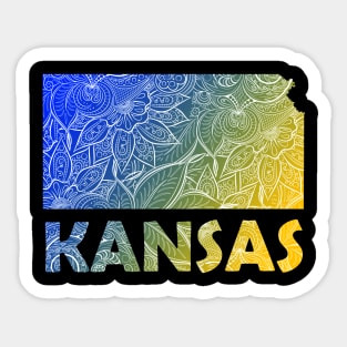 Colorful mandala art map of Kansas with text in blue and yellow Sticker